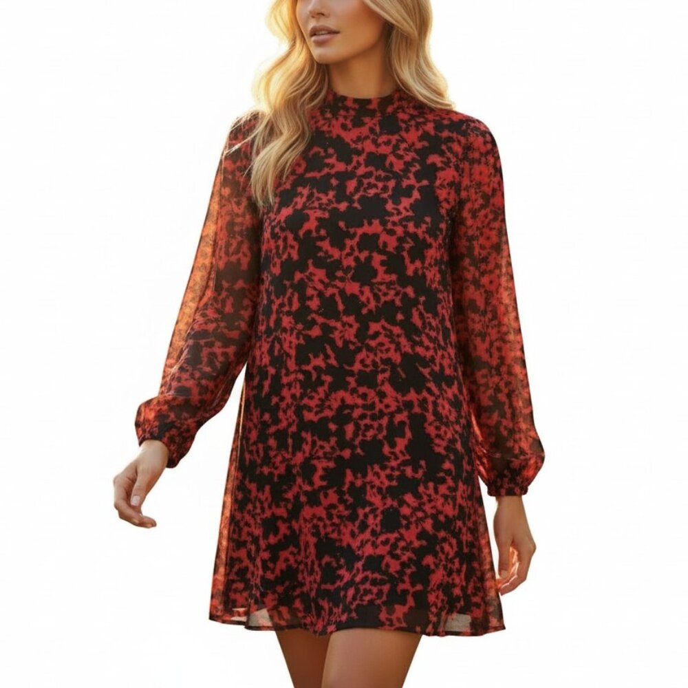 Taylor Black Red Floral Mini Dress Women’s Size 2 Sheer Sleeve Flowy